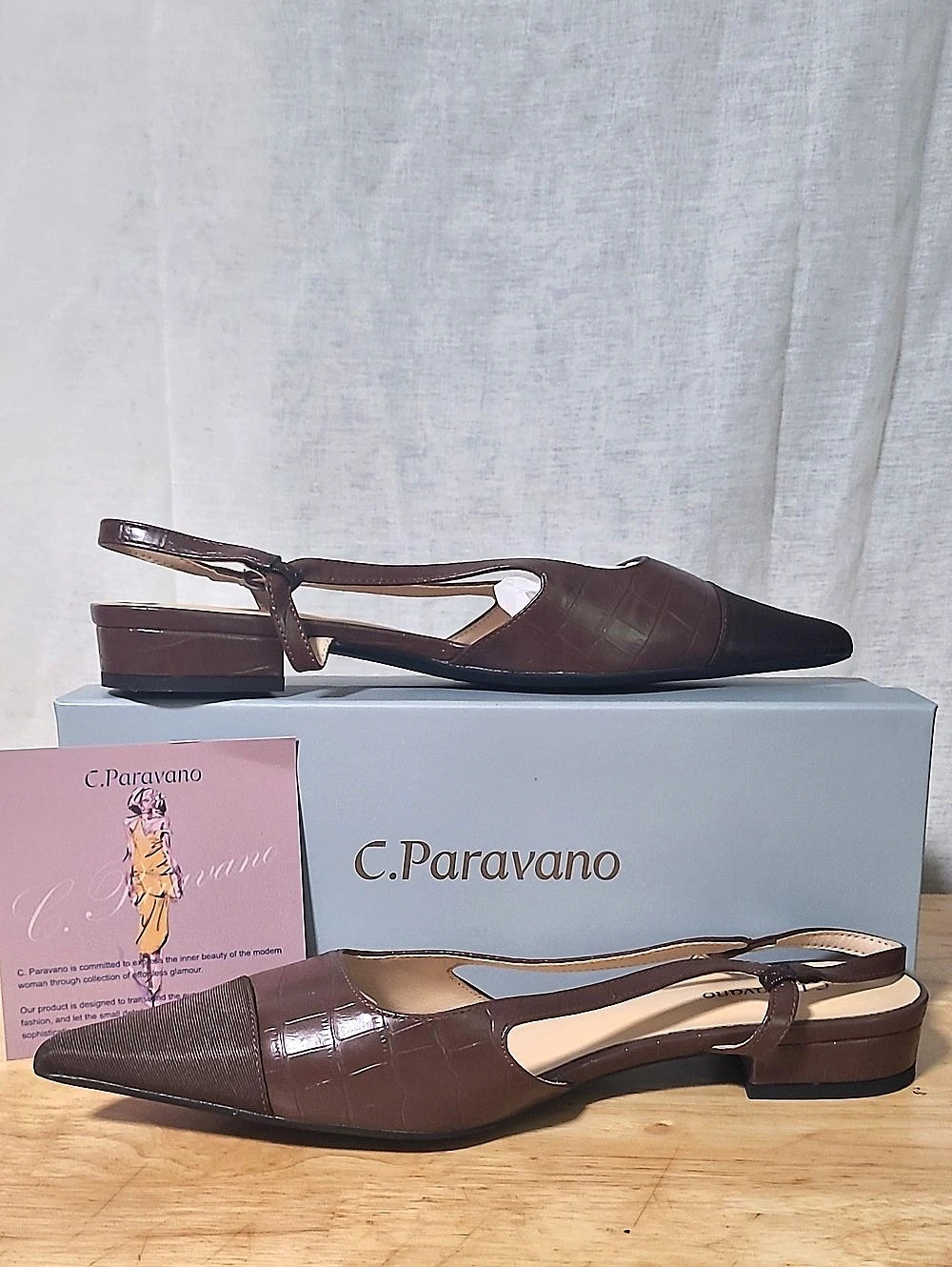 C.Paravano F1-Brown Croc-40 Pointed-Toe Slingback Heels in Brown EU 40